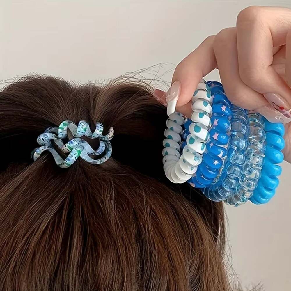 Blue Spiral Hair Ties Coiled Telephone Cord Hair Bands Set